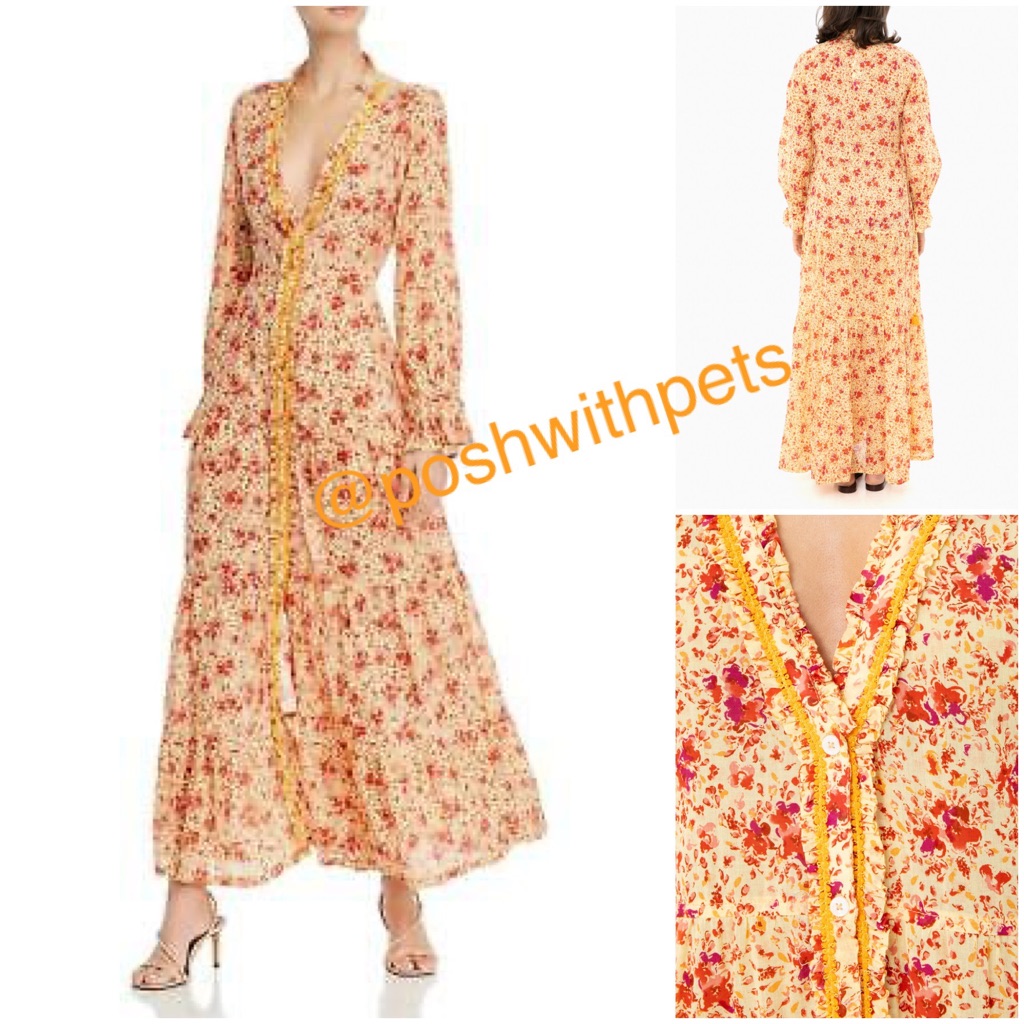 Poupette St Barth Nwt Rita Floral Cotton Maxi Dress Peasant Prarie Xs Yellow New